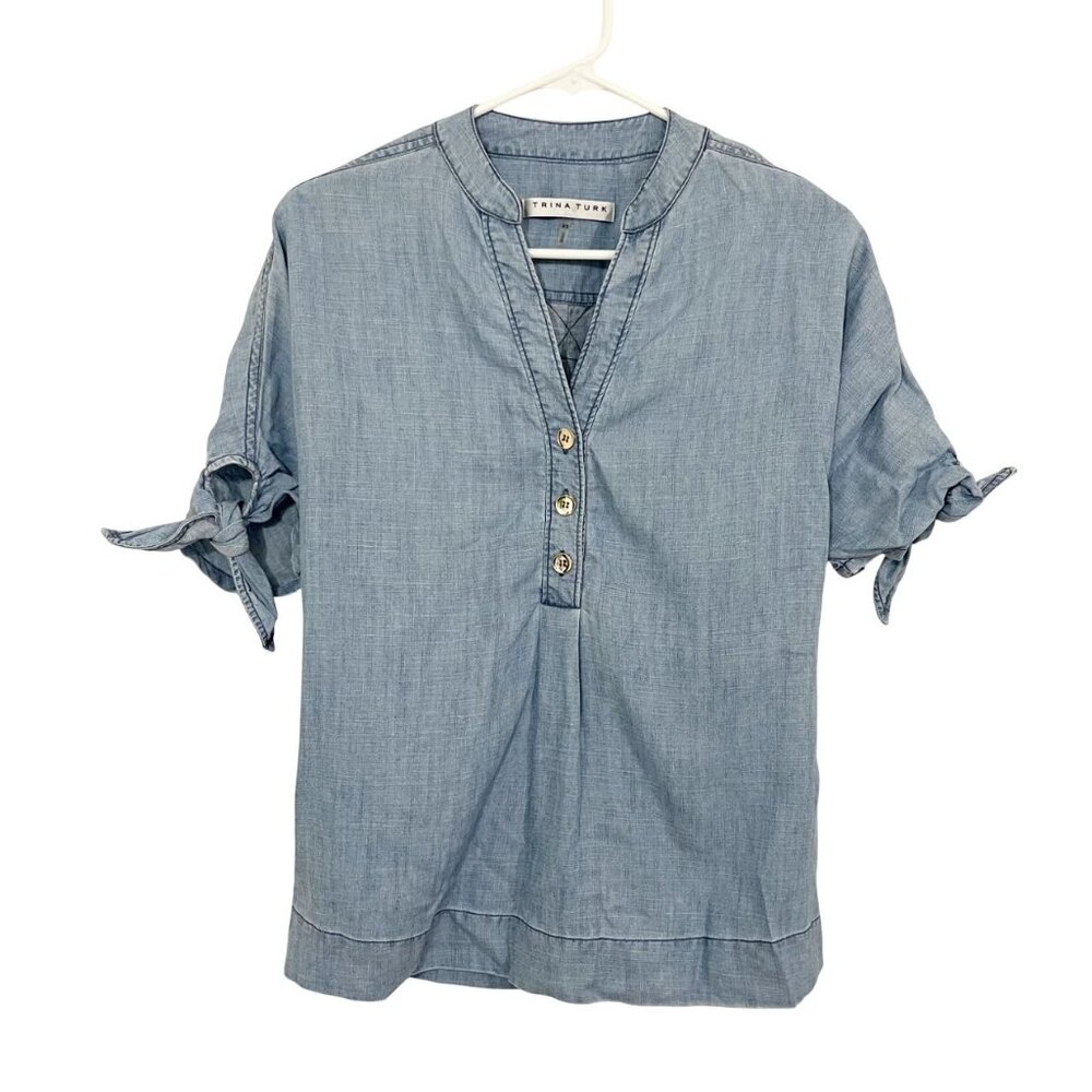 Trina Turk Blue Chambray Tie Sleeve Top Lyocell Linen Coastal Preppy - Size XS